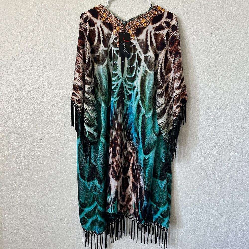 Blue and Gold Feather Caftan Cardigan Kimono NEW Large